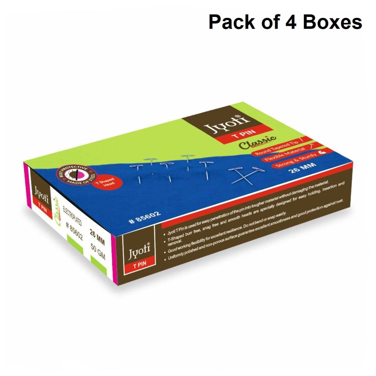     			Jyoti T Pin - Classic (50 Grams of Size 0.85 x 26mm of Steel in Electroplated Finish in a Paper Box) Ideal for Garment Cloth Packing, Wig Making, Paper, Office, Stationery, Home, and Shop - Pack of 4 Boxes