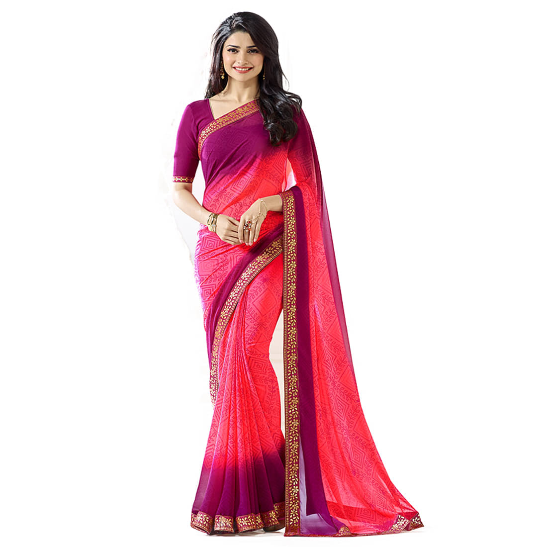 KSNDV Trendz Georgette Printed Saree With Unstitched Blouse Piece ( Pink,Purple ) KSNDV Trendz Georgette Printed Saree With Unstitched Blouse Piece ( Pink,Purple )