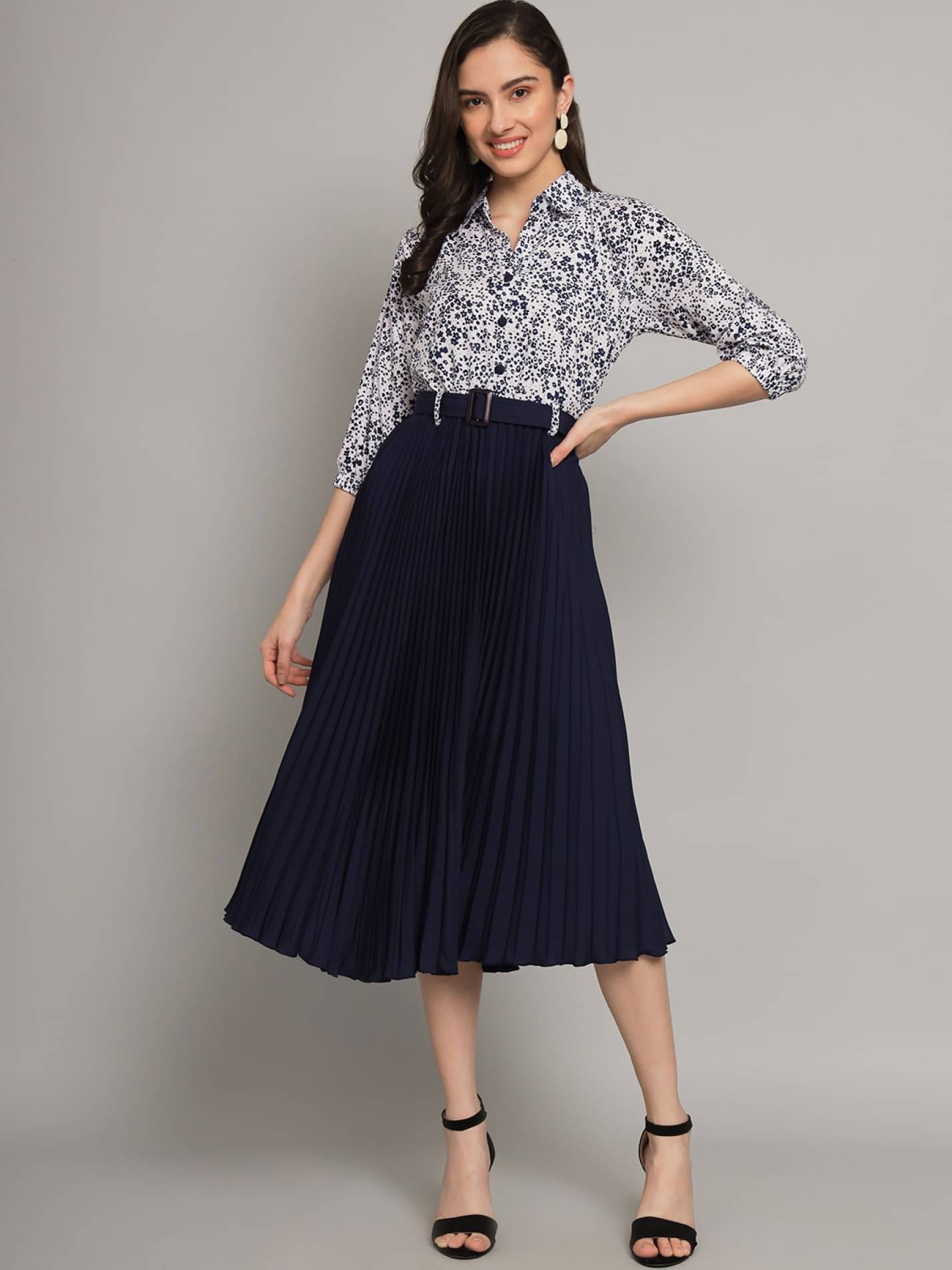 Krunal Raiyani Women Polyester Printed Fit & Flare Dress ( Blue ) Krunal Raiyani Women Polyester Printed Fit & Flare Dress ( Blue )