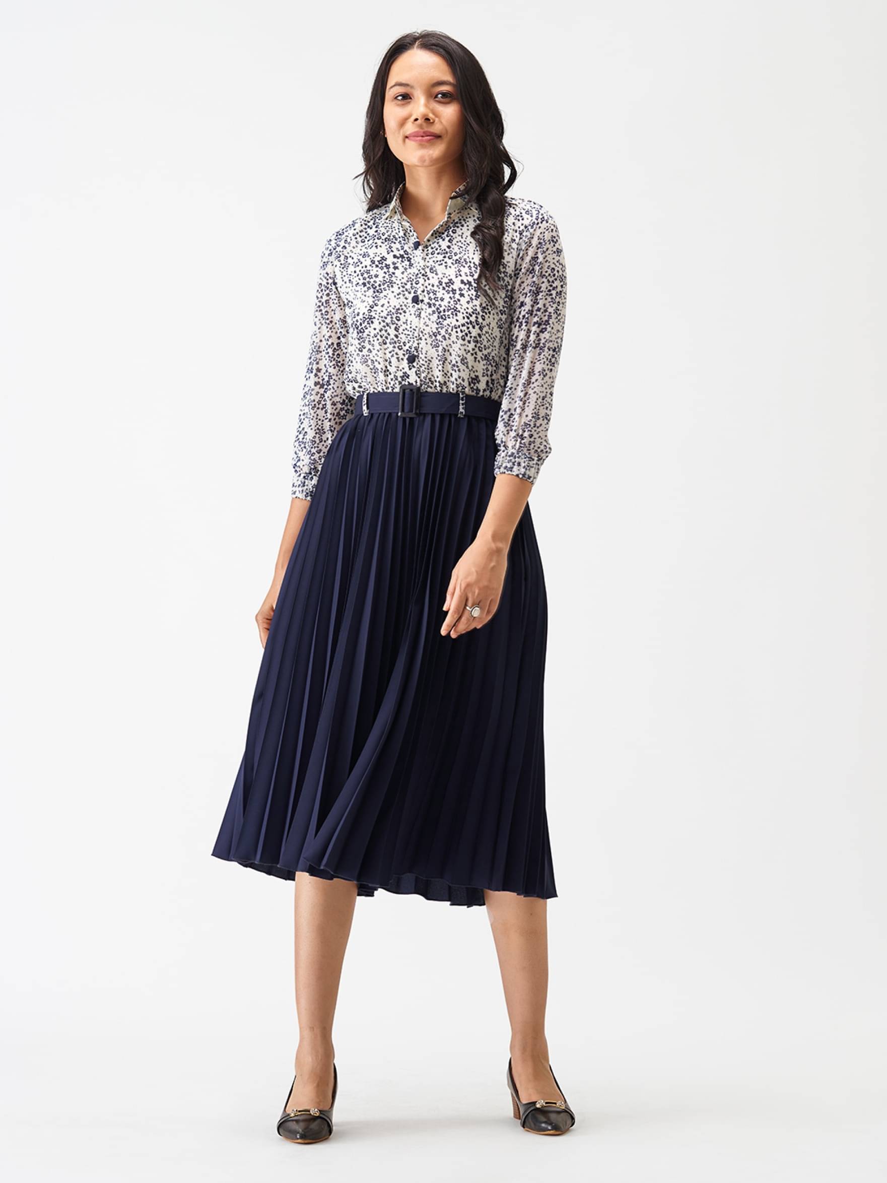 RAIYANI FASHION Women Polyester Printed Fit & Flare Dress ( Blue )     			RAIYANI FASHION Women Polyester Printed Fit & Flare Dress ( Blue )