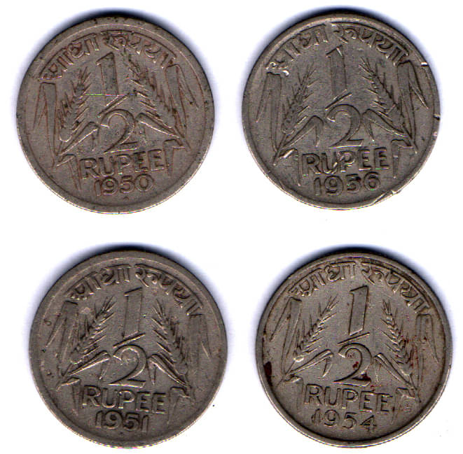     			RAJACOINS- 1/2  50 /  HALF RUPEE  FIFTY   PAISE / PAISA /  VERY RARE USED  HALF RUPEE 1950/ 1951/ 1954/ 1956  NICKEL MAGNETIC   (4 PCS)  COMMEMORATIVE COLLECTIBLE- USED GOOD CONDITION