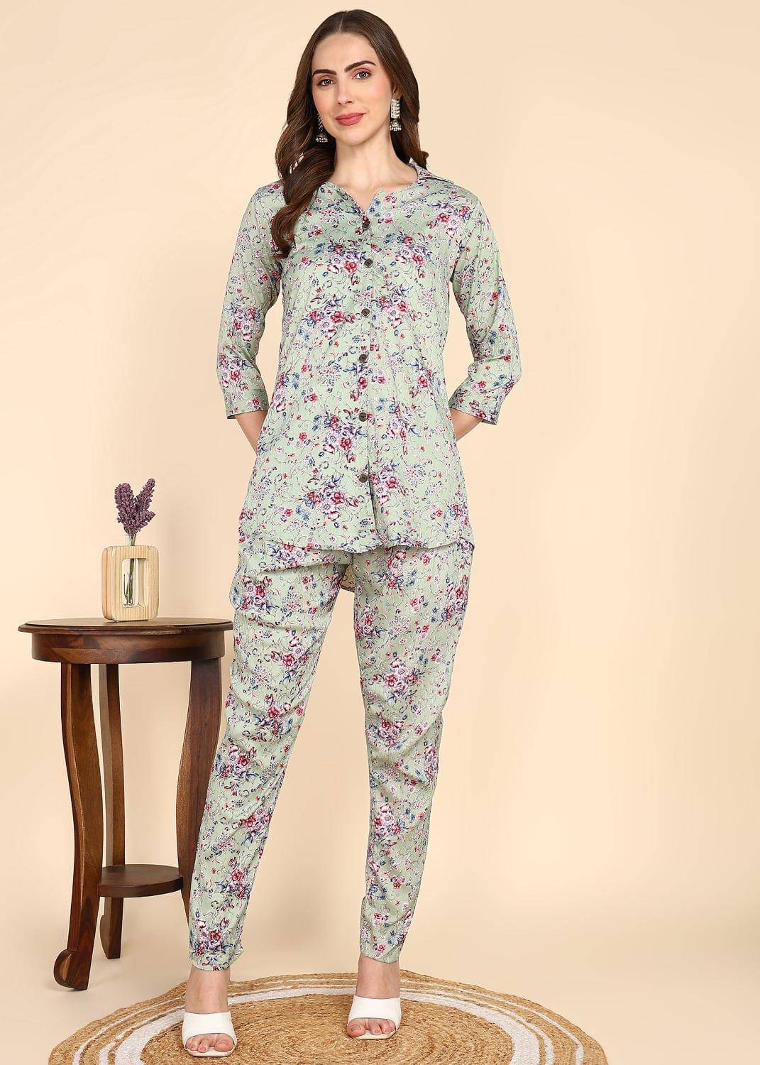     			SELVIFAB Women Printed Shirt With Trousers Co-Ord Set ( Mint Green )