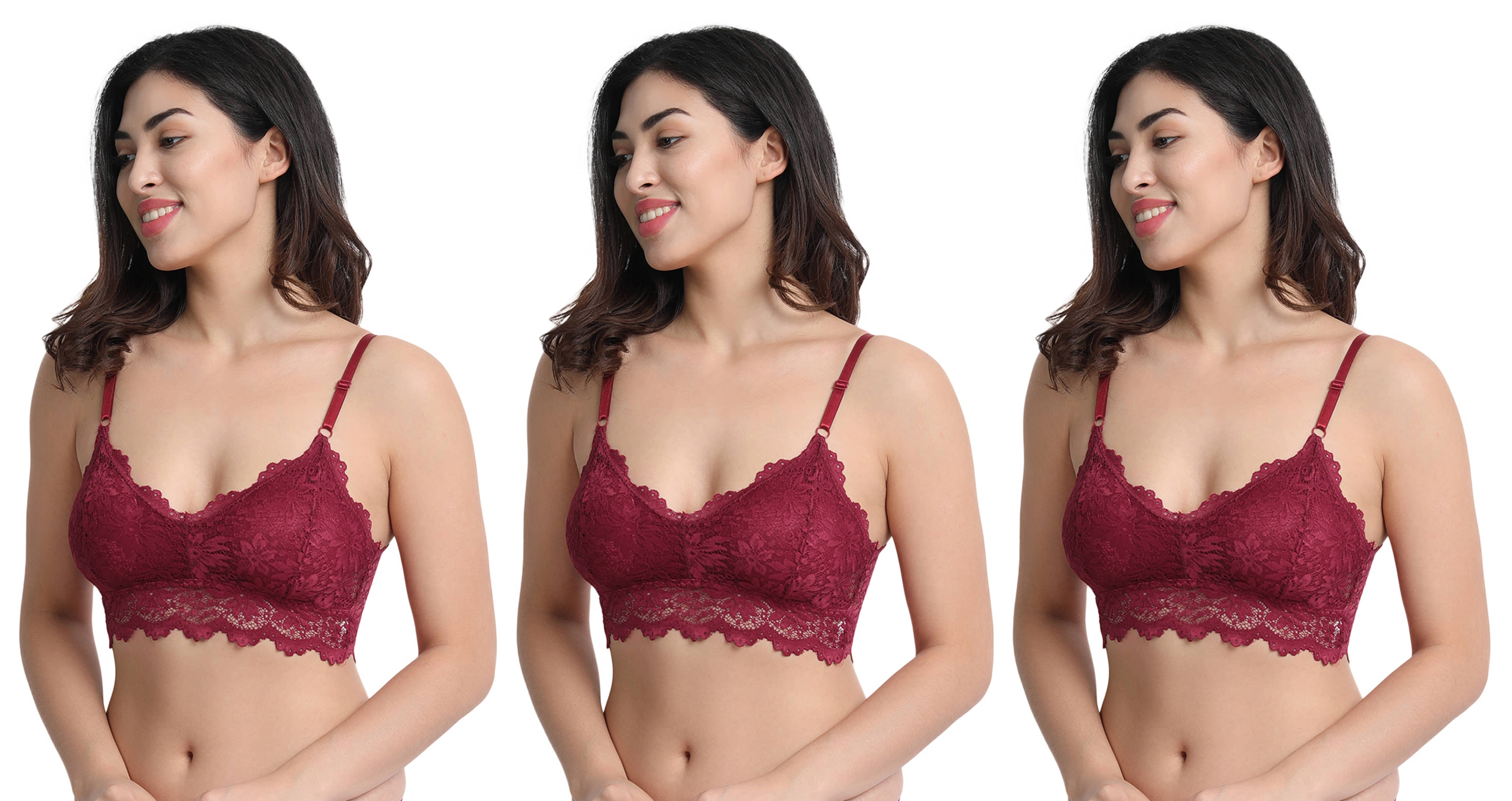 3Mads Pack of 3 Lace Lightly Padded Women's Everyday Bra ( Maroon ) GBra006_LBW_LBW_LBW