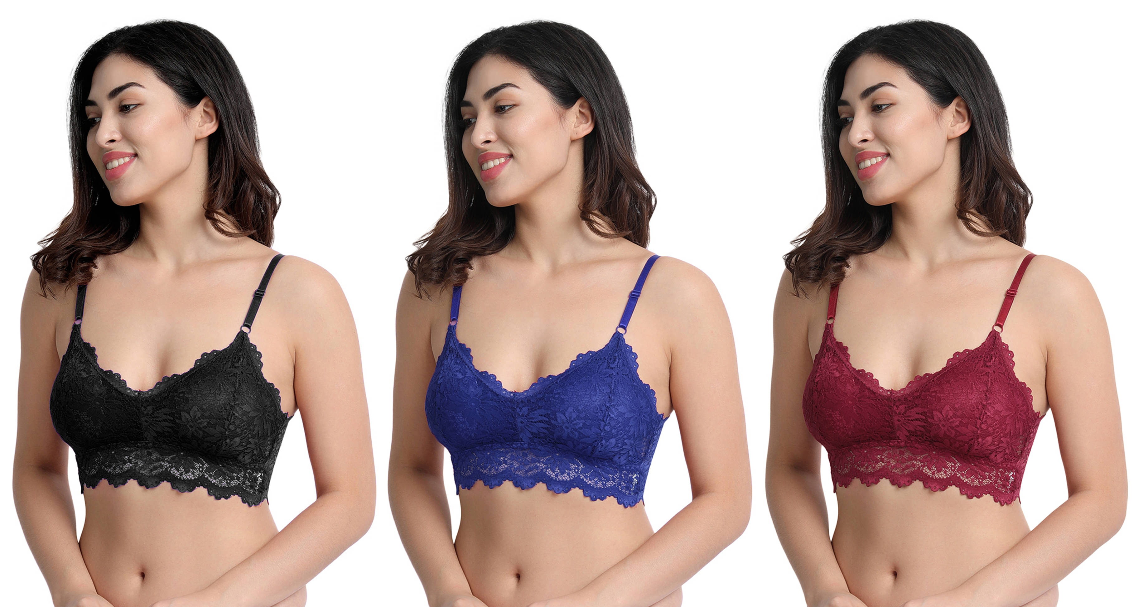     			3Mads Pack of 3 Lace Lightly Padded Women's Everyday Bra ( Multicolor ) GBra006_BK_BL_LBW