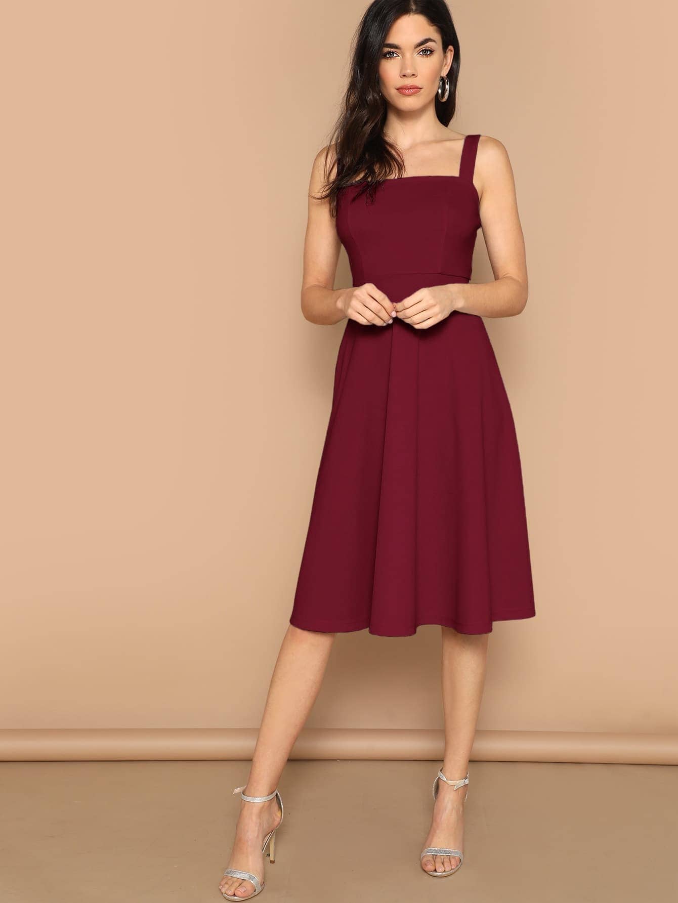 Aahwan Women Polyester Solid Fit & Flare Dress ( Maroon )
