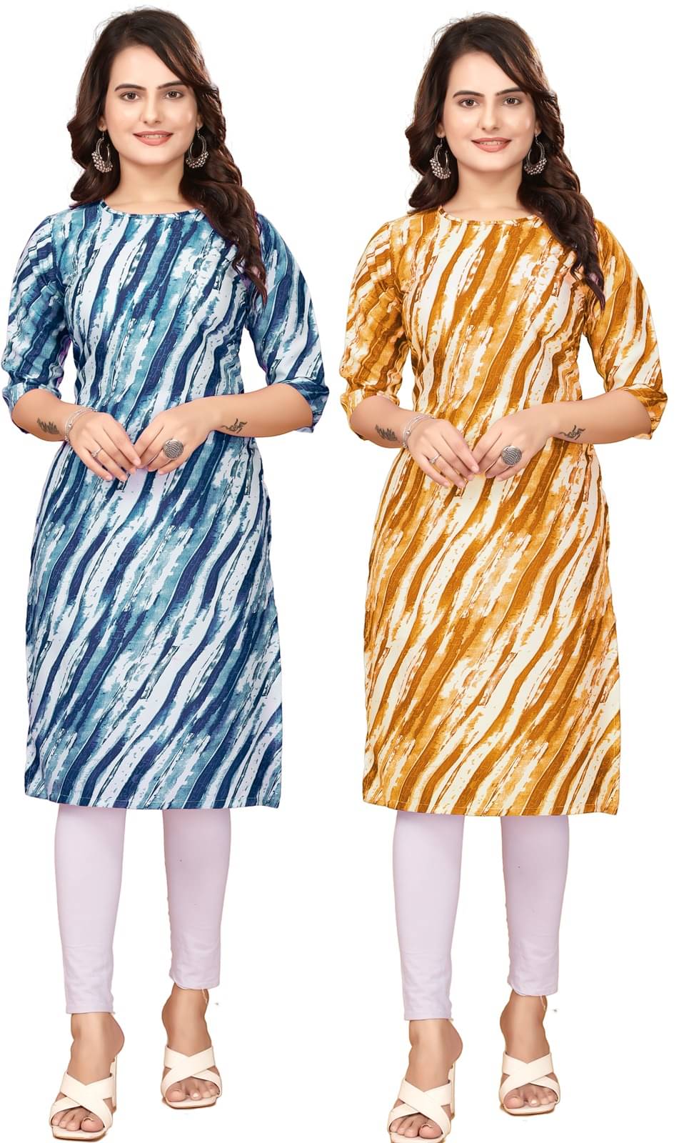 DESIGNER DREAM Crepe Printed Straight Women's Kurti - Blue,Yellow ( Pack of 2 ) DESIGNER DREAM Crepe Printed Straight Women's Kurti - Blue,Yellow ( Pack of 2 )