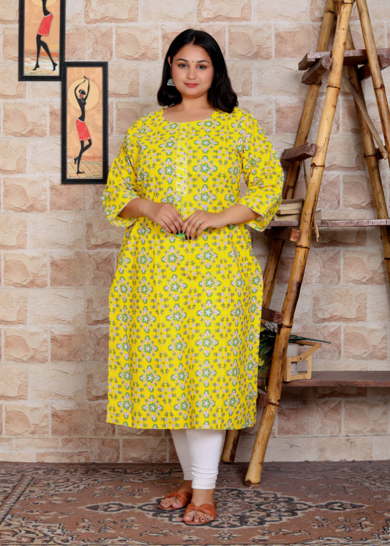 JC4U Cotton Blend Printed Straight Women's Kurti - Yellow ( Pack of 1 ) - Kurtis, Tunics | Buy online on ZillyBuy
