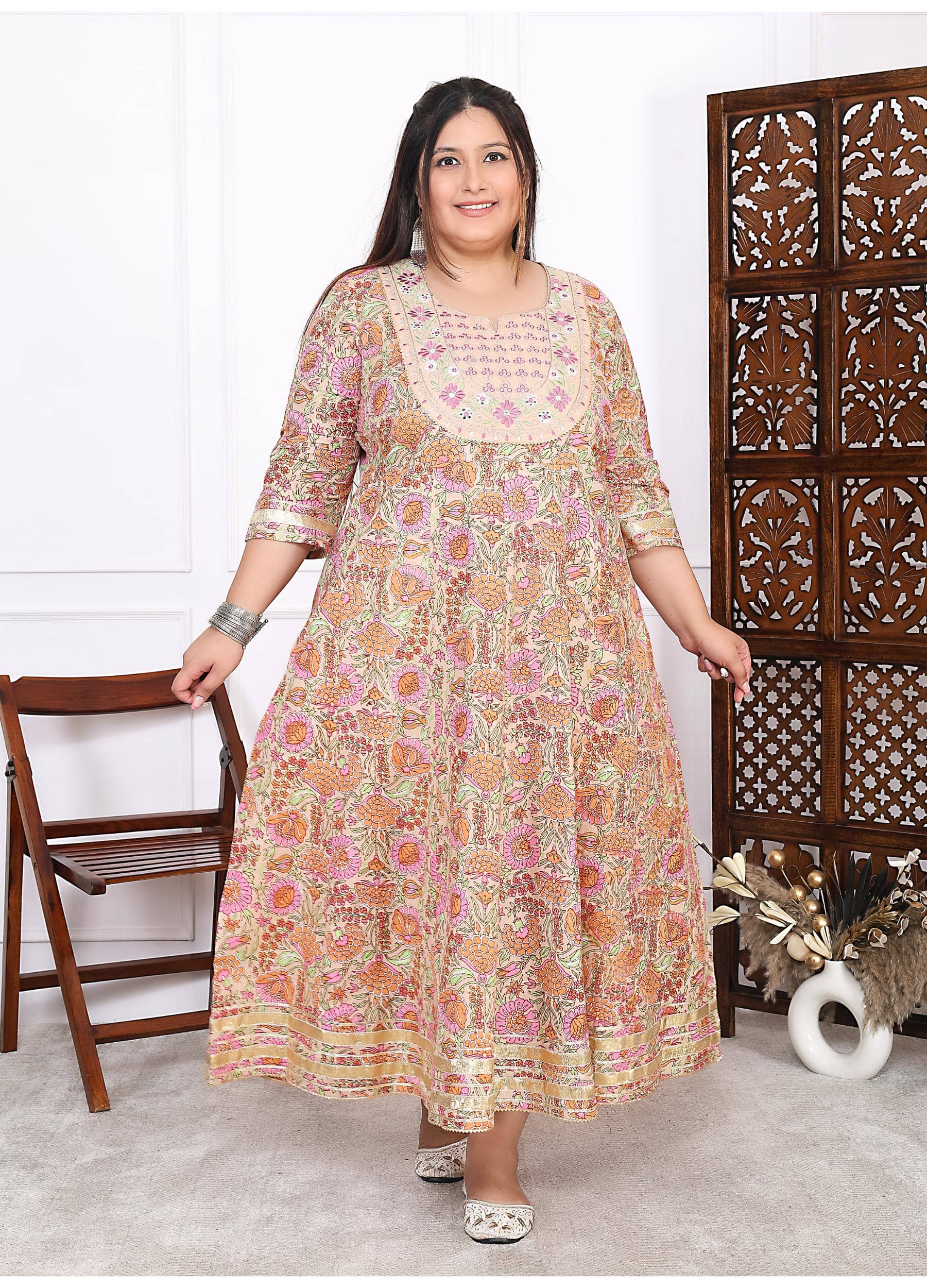 Label Flavia Women Cotton Printed Anarkali Kurti ( Peach ) - Kurtis, Tunics | Buy online on ZillyBuy