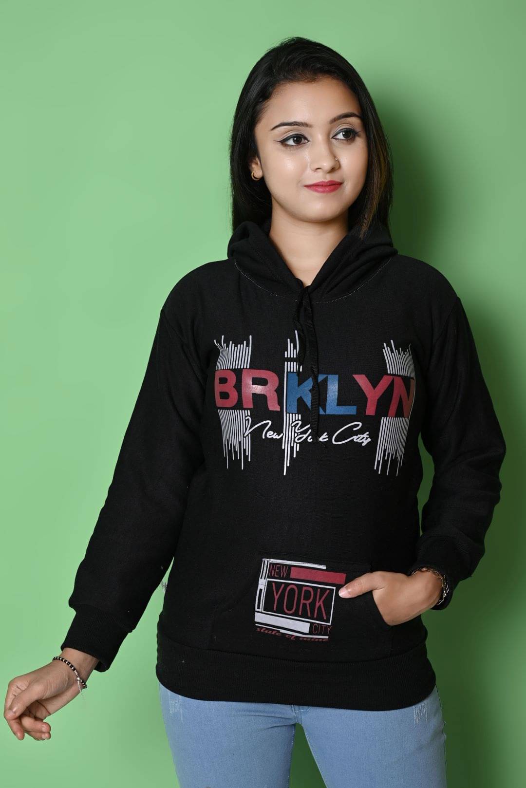 New Collection Women Cotton Fleece Hooded Pullover ( Black )     			New Collection Women Cotton Fleece Hooded Pullover ( Black )