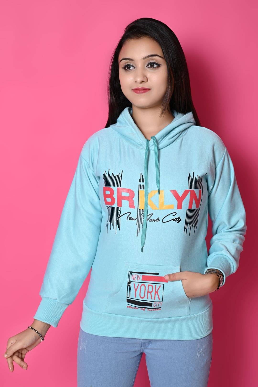     			New Collection Women Cotton Fleece Hooded Pullover ( Green )