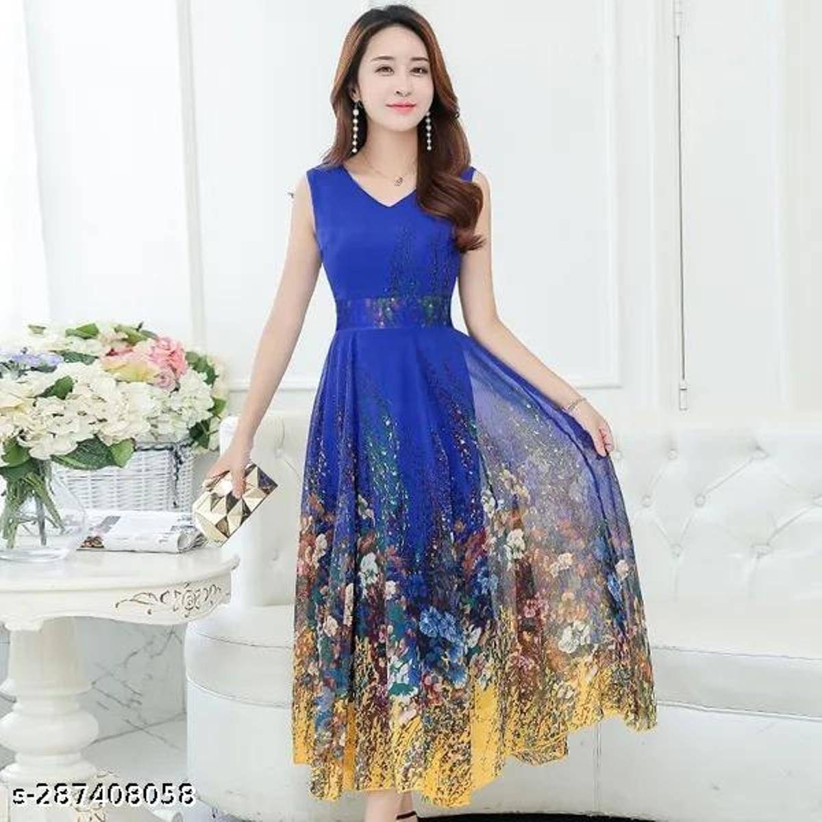 RC NEOEN Women Georgette Printed Fit & Flare Dress ( Blue ) RC NEOEN Women Georgette Printed Fit & Flare Dress ( Blue )