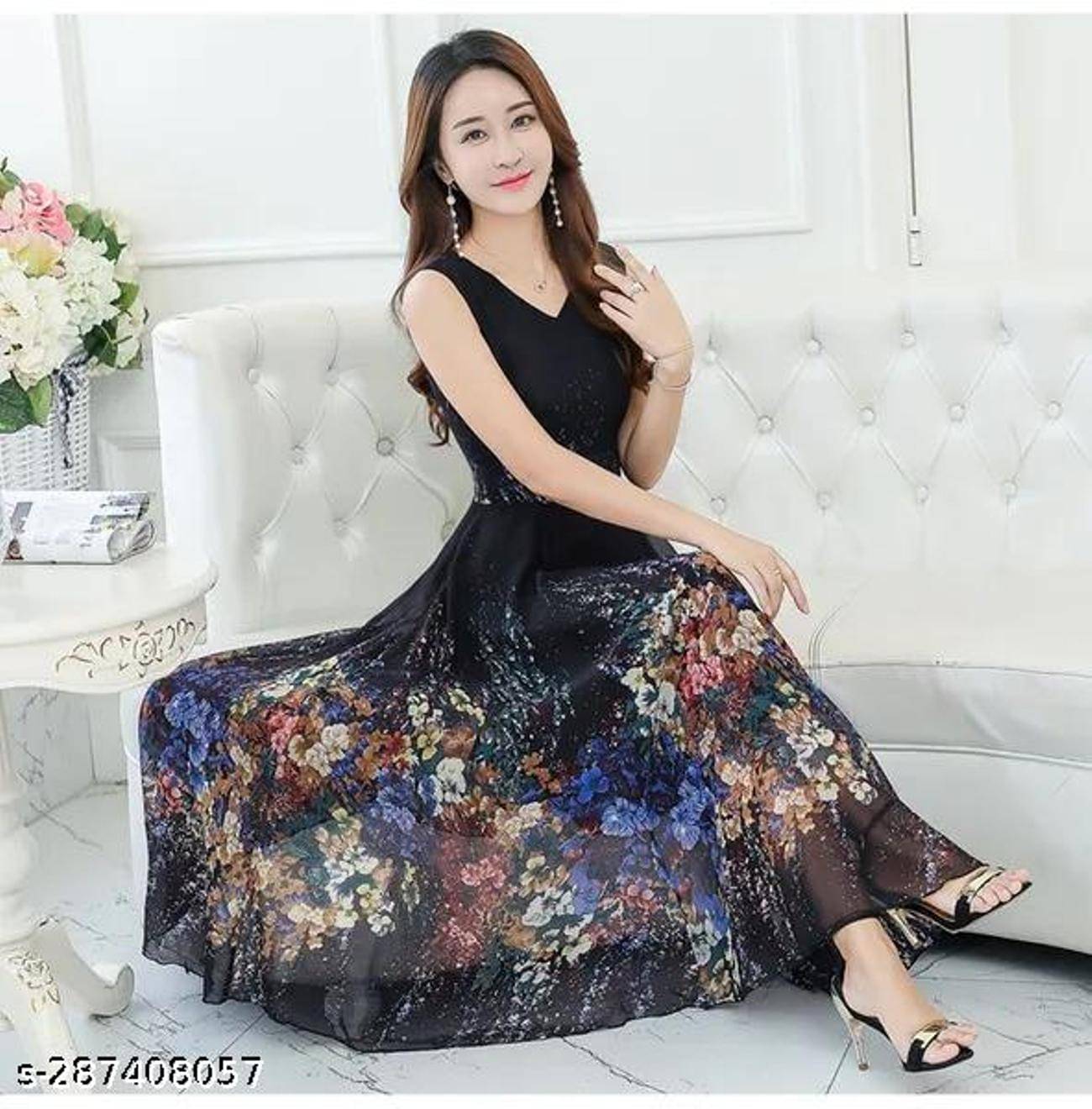     			RC NEOEN Women Georgette Printed Fit & Flare Dress ( Navy )