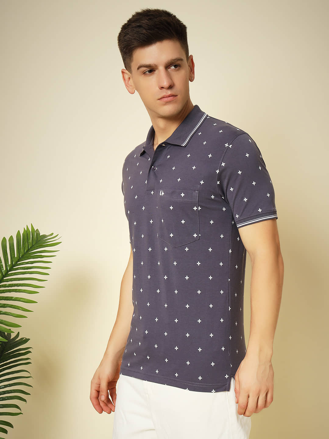 UNIBERRY Pack of 1 Cotton Regular Fit Printed Half Sleeves Men's Polo T Shirt ( Purple )