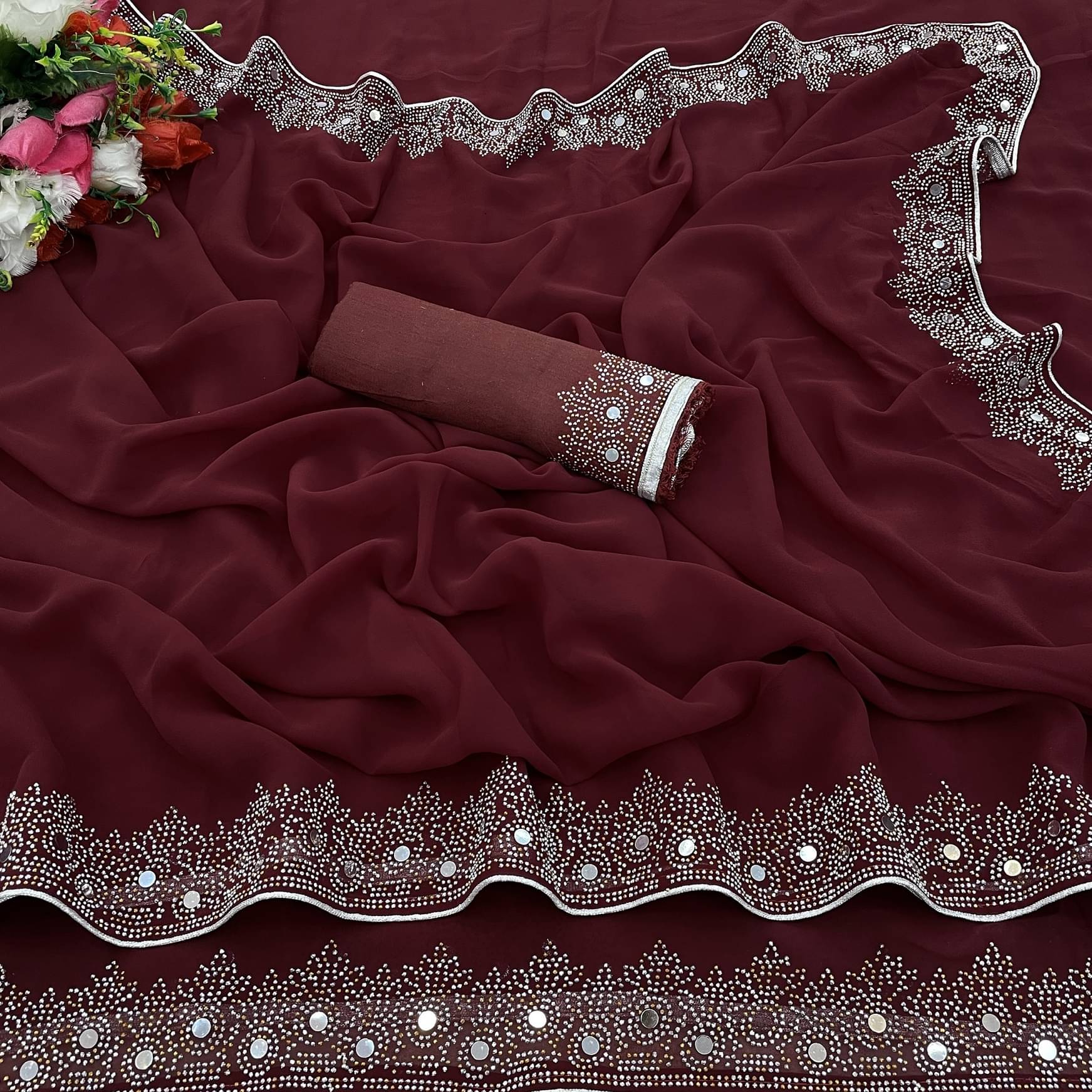     			VEERAIVA Georgette Embroidered Saree With Unstitched Blouse Piece ( Maroon )