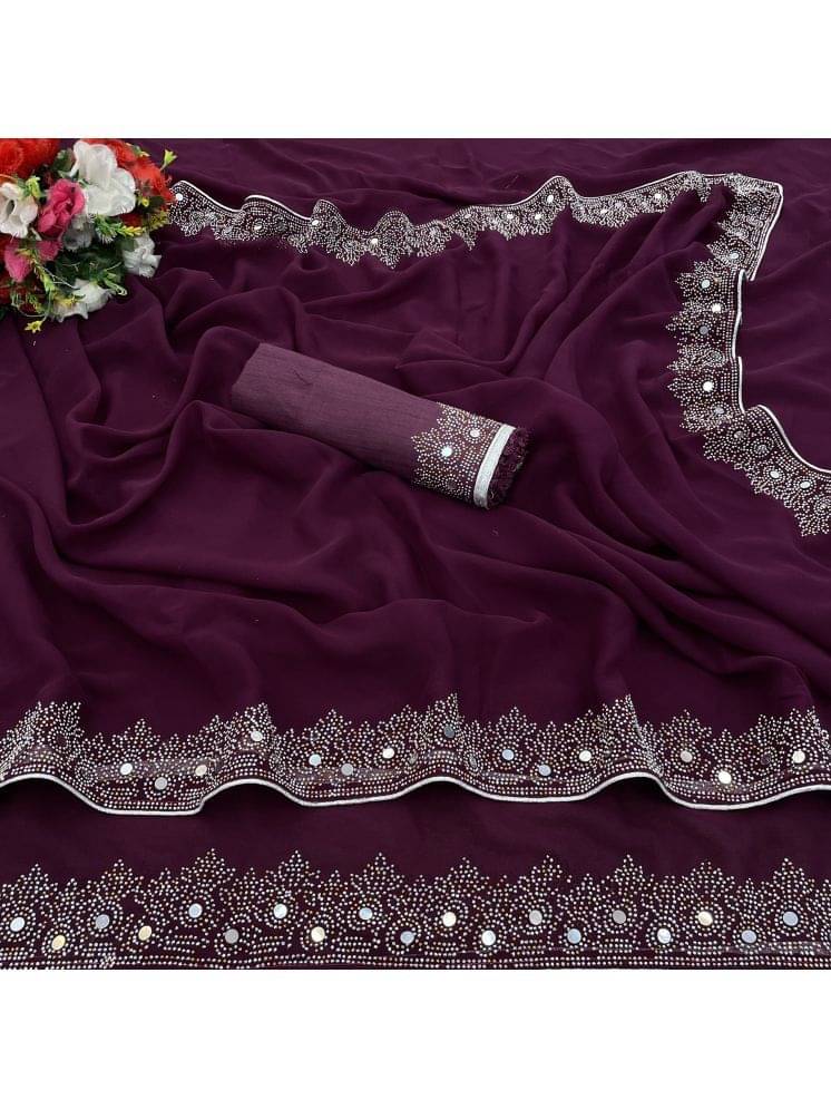     			VEERAIVA Georgette Embroidered Saree With Unstitched Blouse Piece ( Wine )