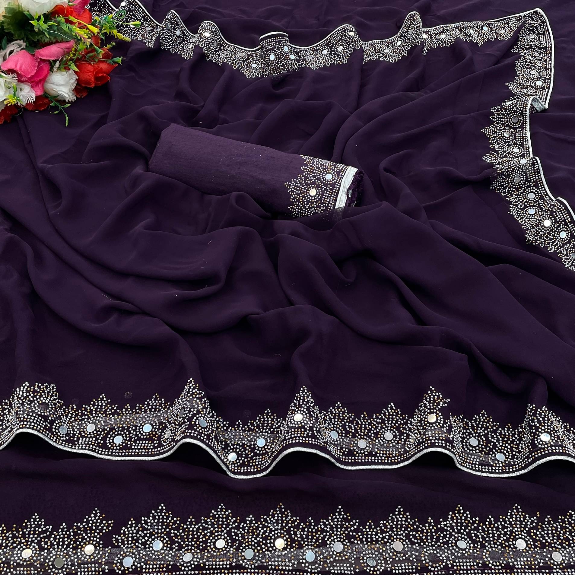     			VEERAIVA Georgette Embroidered Saree With Unstitched Blouse Piece ( Purple )