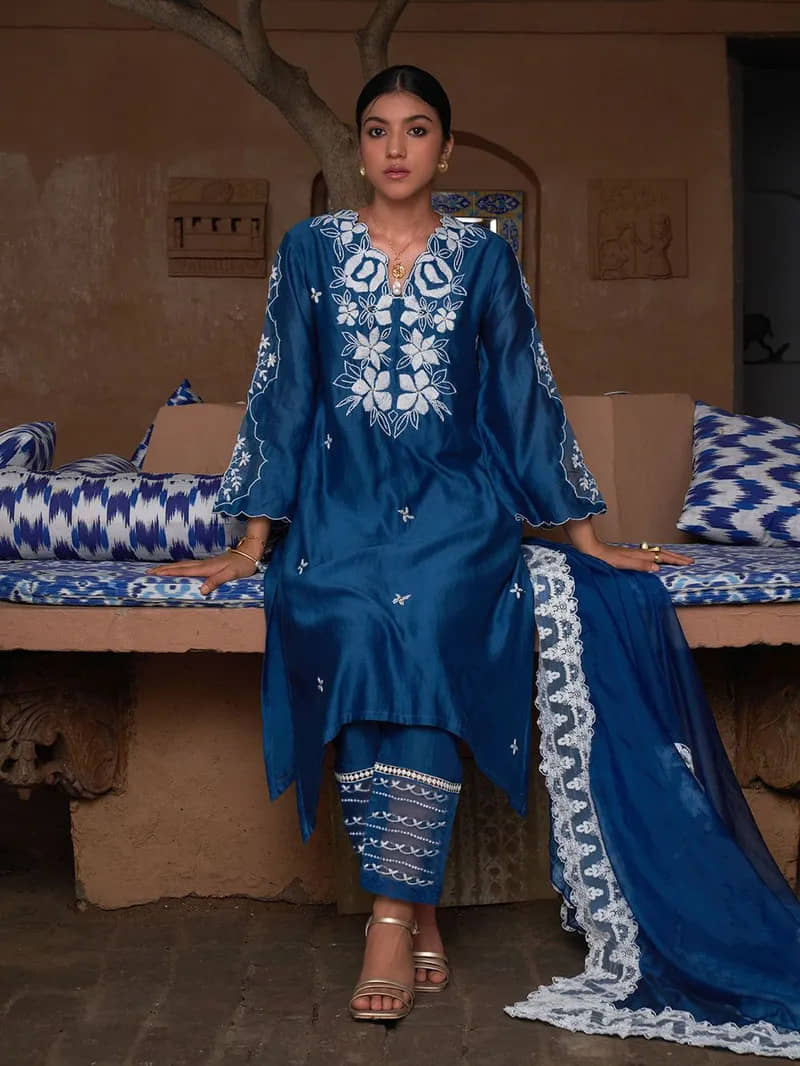 shankhpushpi Silk Blend Embroidered Kurti With Pants Women's Stitched Salwar Suit - Blue ( Pack of 1 )