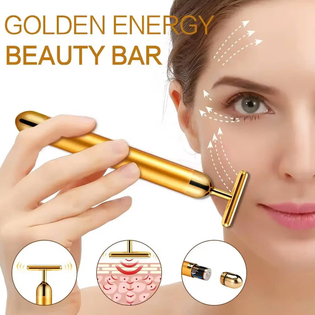 2 in1 Energy Beauty Bar Electric Vibration Facial Massage V shape Roller Waterproof Face Skin Care T-Shaped Anti Wrinkle Massager for Forehead Cheek Neck Clavicle Arm (Gold Colour)