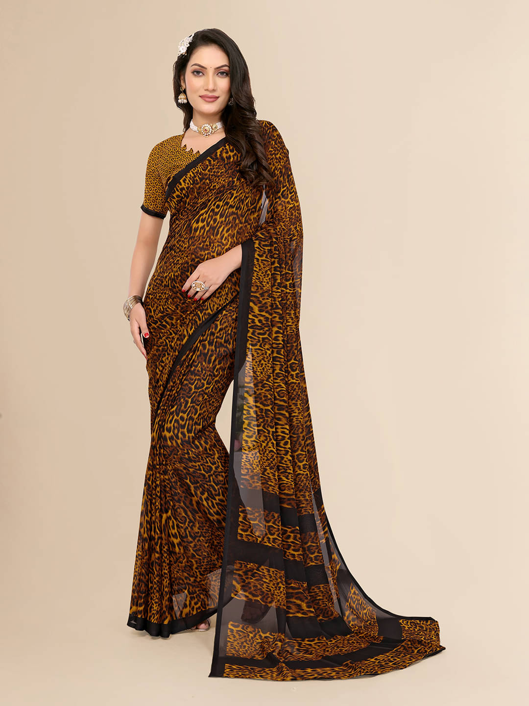     			ANAND SAREES Georgette Printed Saree With Unstitched Blouse Piece ( Brown )