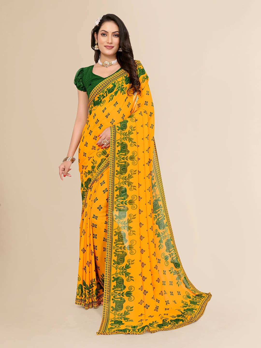 ANAND SAREES Georgette Printed Saree With Unstitched Blouse Piece ( Green )     			ANAND SAREES Georgette Printed Saree With Unstitched Blouse Piece ( Green )