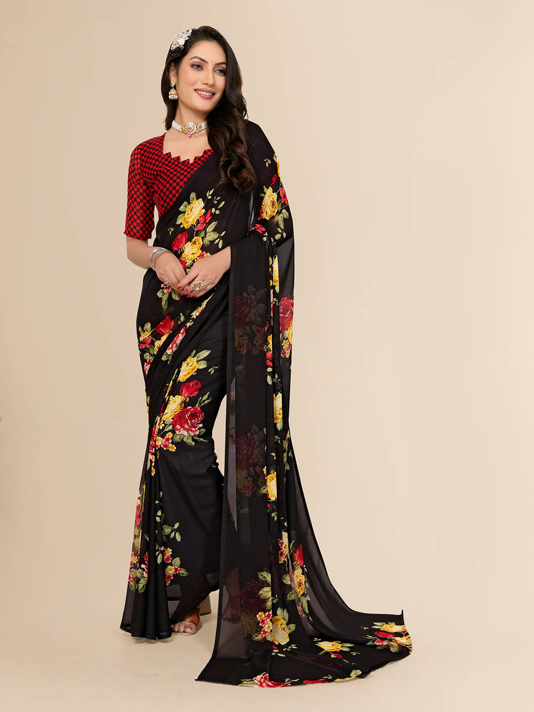 ANAND SAREES Georgette Printed Saree With Unstitched Blouse Piece ( Black ) ANAND SAREES Georgette Printed Saree With Unstitched Blouse Piece ( Black )