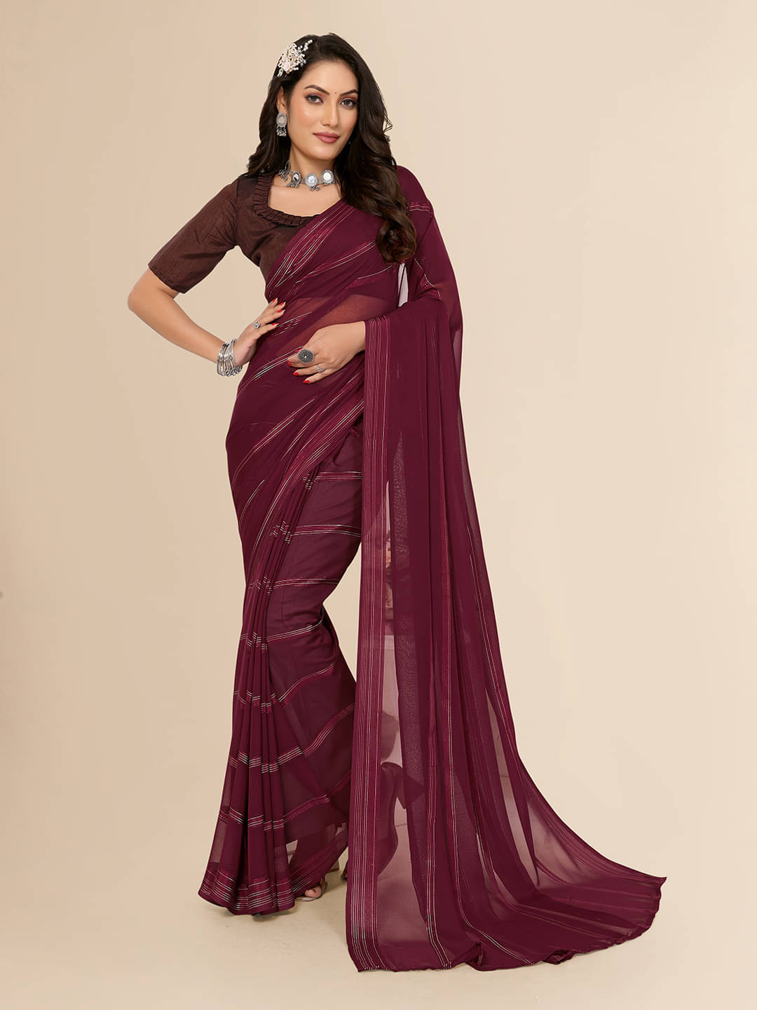 ANAND SAREES Satin Striped Saree With Unstitched Blouse Piece ( Maroon )     			ANAND SAREES Satin Striped Saree With Unstitched Blouse Piece ( Maroon )