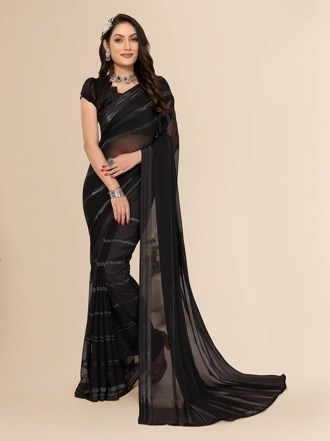 ANAND SAREES Satin Striped Saree With Unstitched Blouse Piece ( Black ) ANAND SAREES Satin Striped Saree With Unstitched Blouse Piece ( Black )