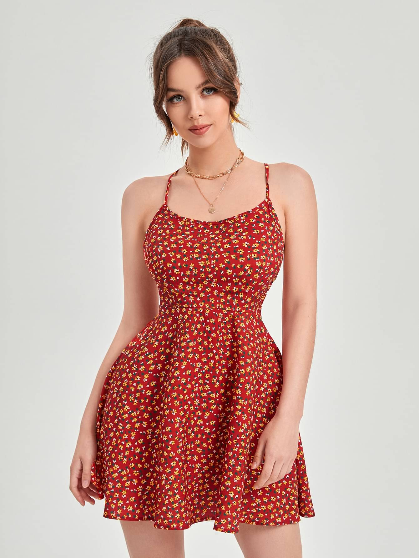 Aahwan Polyester Printed Mini Women's Fit & Flare Dress - Red ( Pack of 1 ) Aahwan Polyester Printed Mini Women's Fit & Flare Dress - Red ( Pack of 1 )