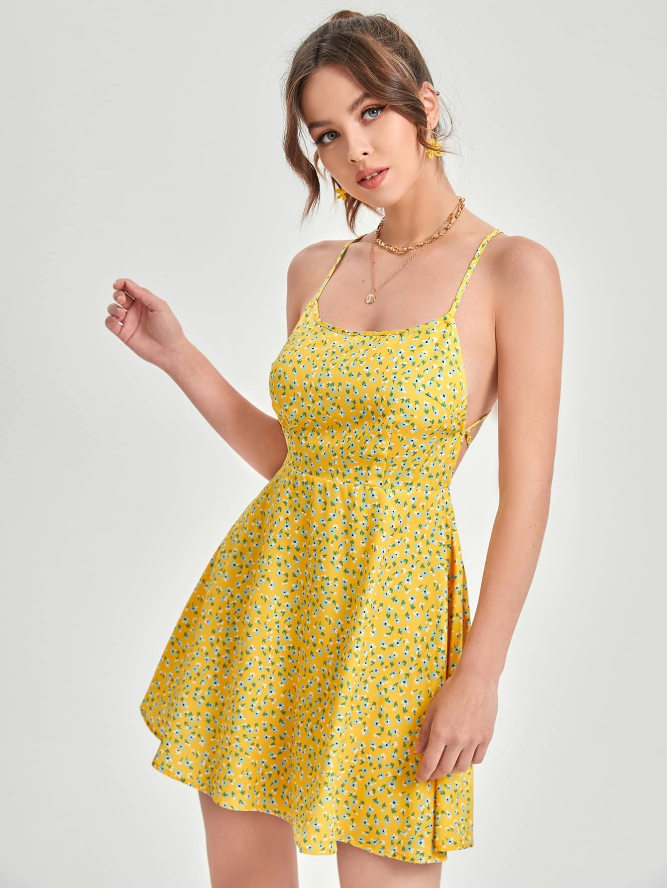 Aahwan Polyester Printed Mini Women's Fit & Flare Dress - Yellow ( Pack of 1 ) Aahwan Polyester Printed Mini Women's Fit & Flare Dress - Yellow ( Pack of 1 )