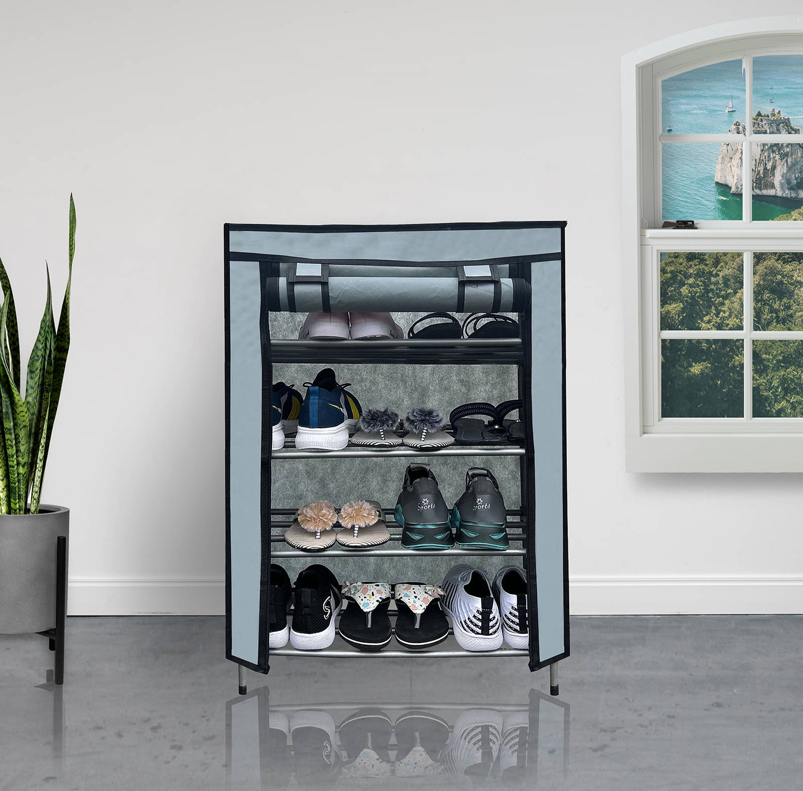 BHIMADA 4 Layer Metal Shoe Rack Stand with Print Cover Shoe Organiser for Home & Office (Grey) BHIMADA 4 Layer Metal Shoe Rack Stand with Print Cover Shoe Organiser for Home & Office (Grey)