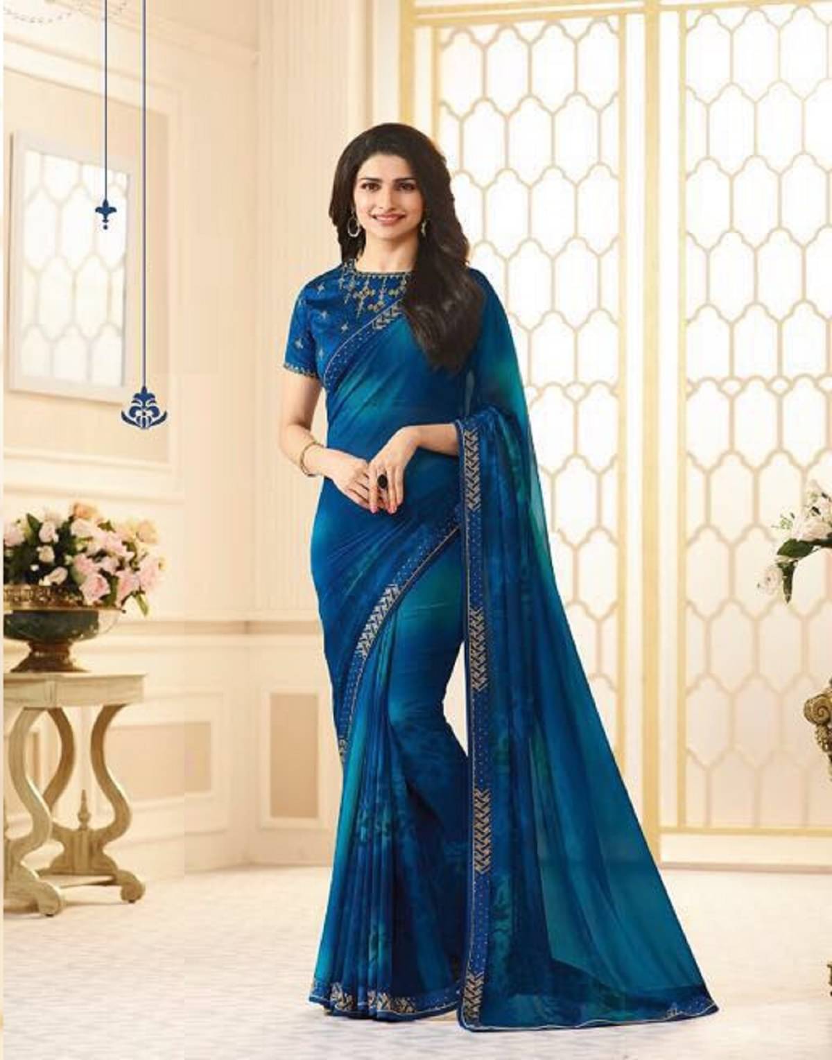     			Gazal Fashions Georgette Printed Saree With Unstitched Blouse Piece ( Blue )
