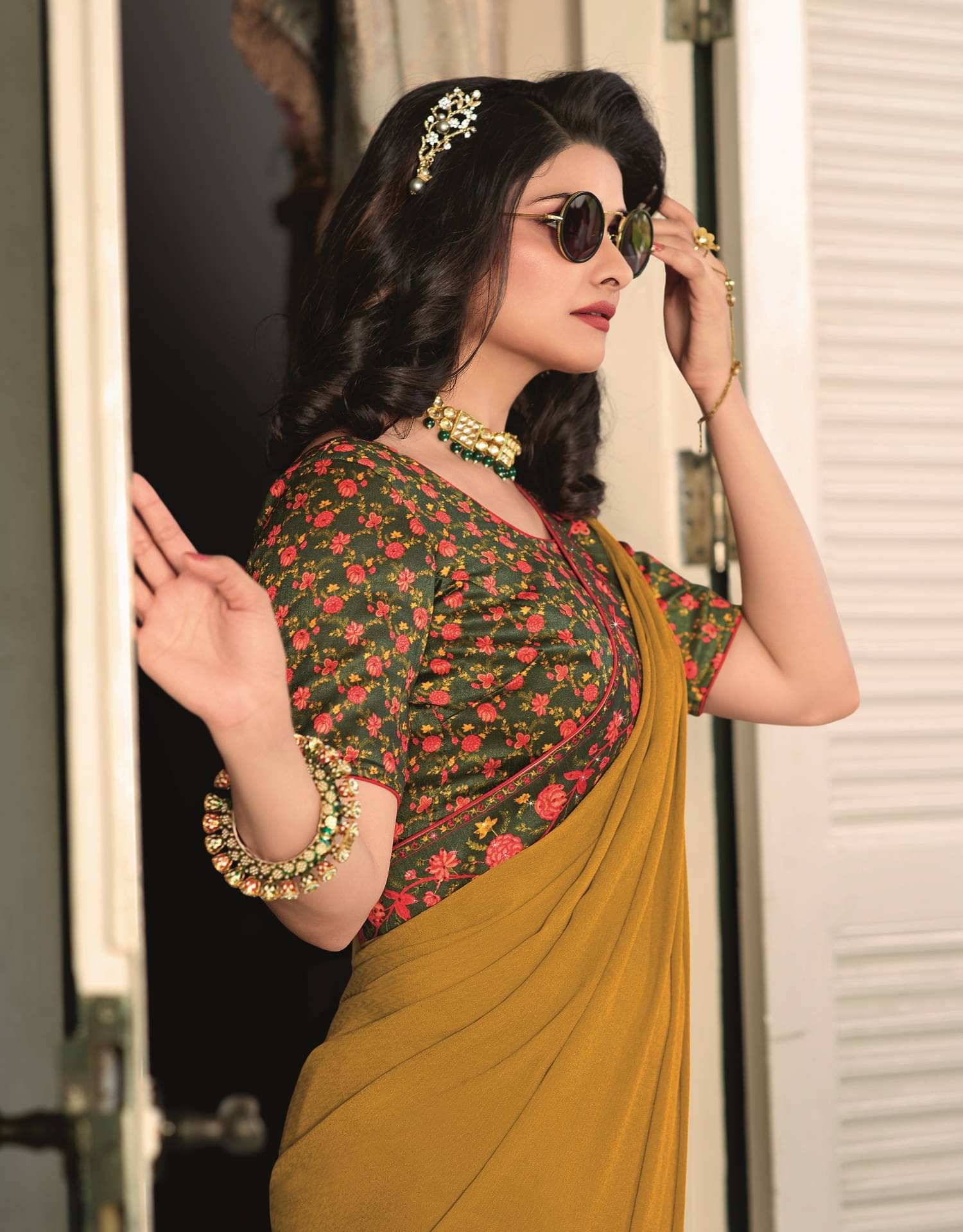     			Gazal Fashions Georgette Printed Saree With Unstitched Blouse Piece ( Mustard )