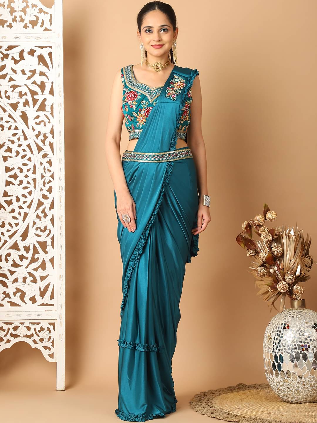 Grancy Lycra Solid Saree With Stitched Blouse ( Light Blue ) Grancy Lycra Solid Saree With Stitched Blouse ( Light Blue )