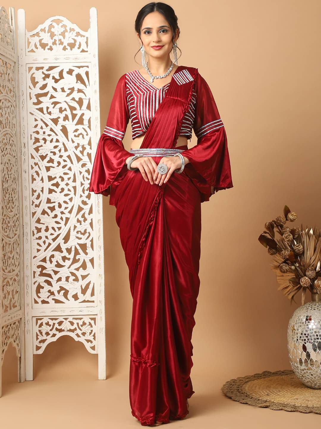 Grancy Lycra Solid Saree With Stitched Blouse ( Maroon ) Grancy Lycra Solid Saree With Stitched Blouse ( Maroon )