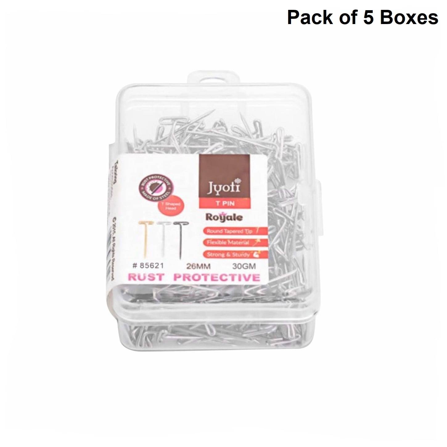     			Jyoti T Pin - Royale (30 Grams of Size 0.85 x 26mm of Steel in Electroplated Finish in a Plastic Box) Ideal for Garment Cloth Packing, Wig Making, Paper, Office, Stationery, Home, and Shop - Pack of 5 Boxes