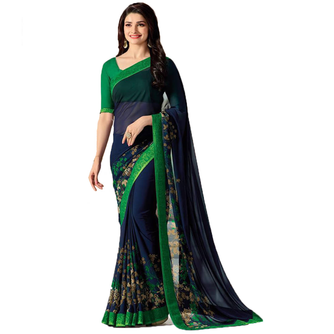     			KSNDV Trendz Georgette Printed Saree With Unstitched Blouse Piece ( Green )