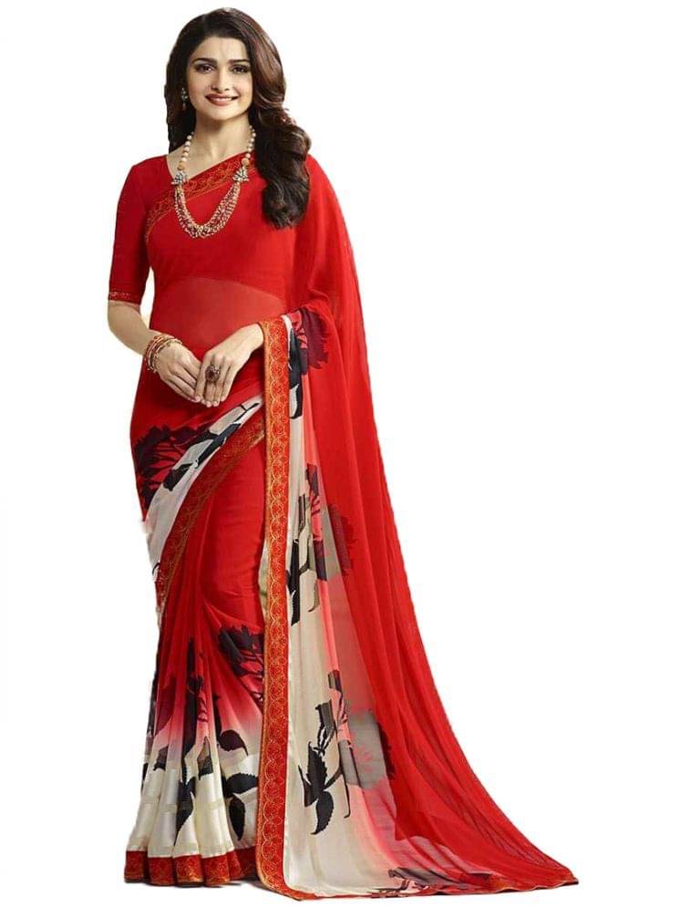     			KSNDV Trendz Georgette Printed Saree With Unstitched Blouse Piece ( Red )