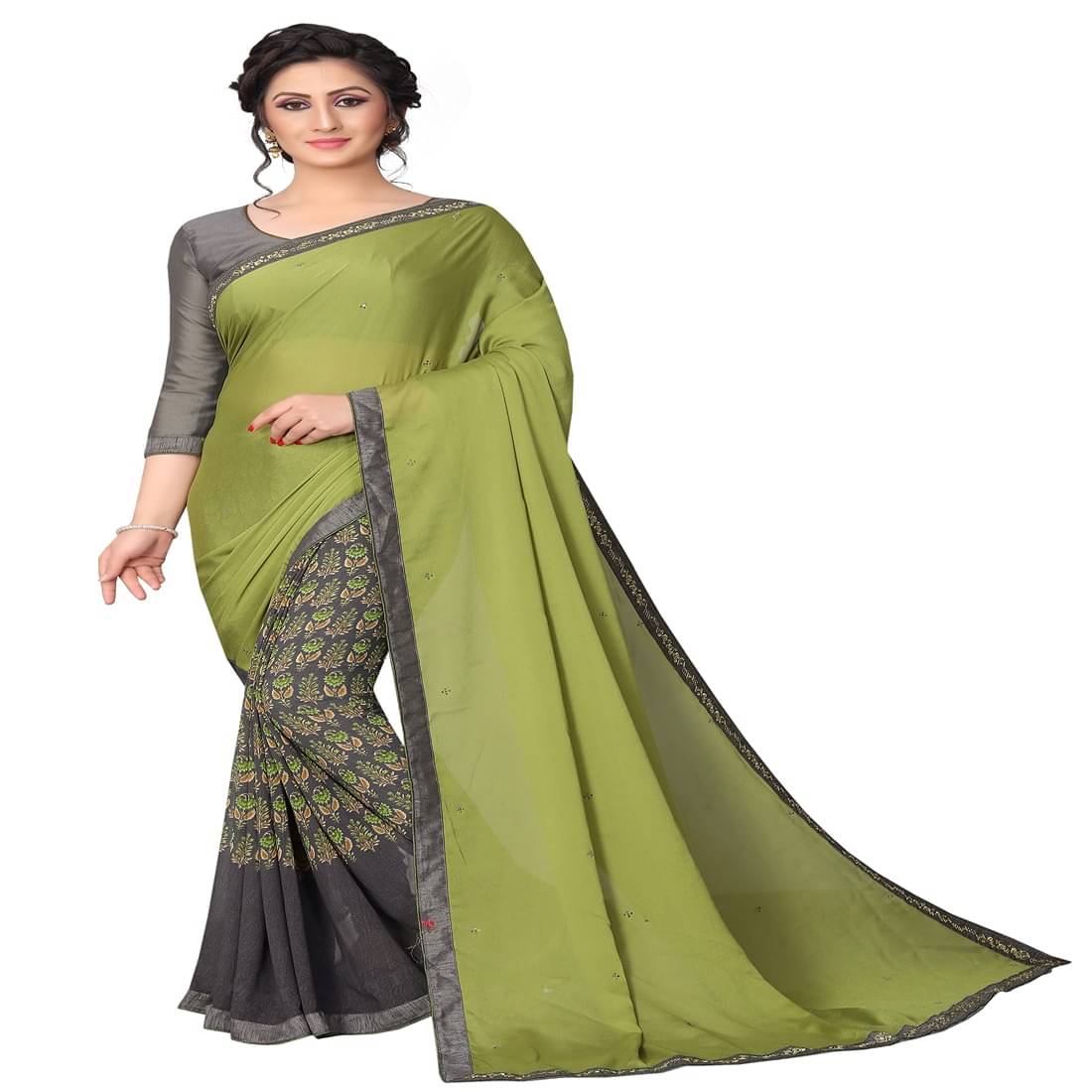     			KSNDV Trendz Georgette Printed Saree With Unstitched Blouse Piece ( Green )