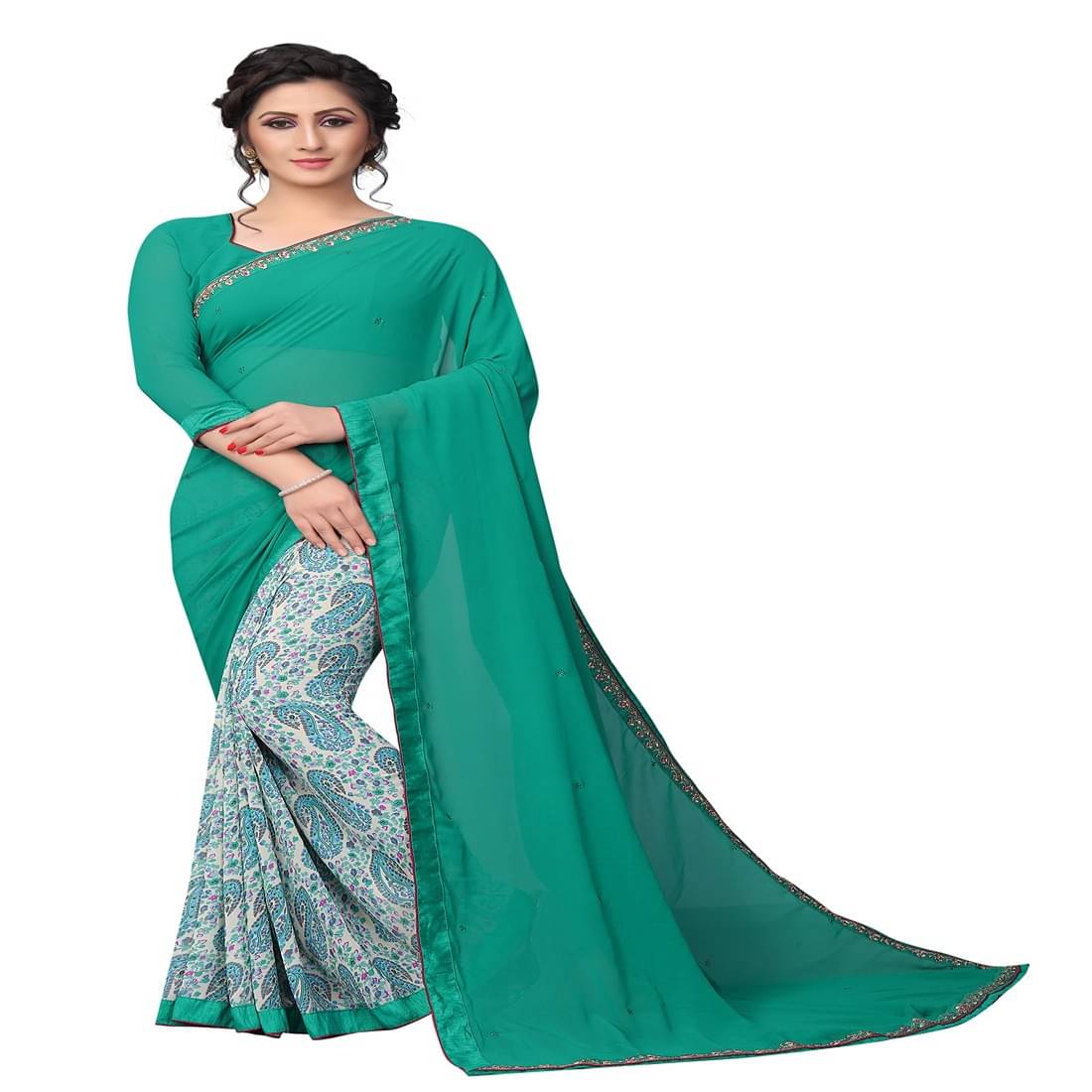 KSNDV Trendz Georgette Printed Saree With Unstitched Blouse Piece ( Sea Green ) KSNDV Trendz Georgette Printed Saree With Unstitched Blouse Piece ( Sea Green )