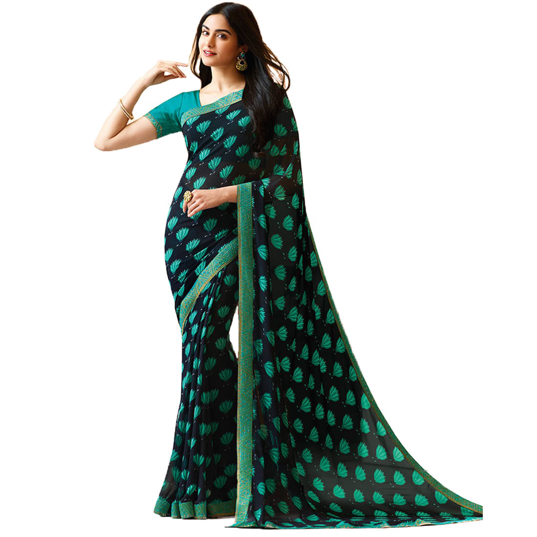    			KSNDV Trendz Georgette Printed Saree With Unstitched Blouse Piece ( Blue )