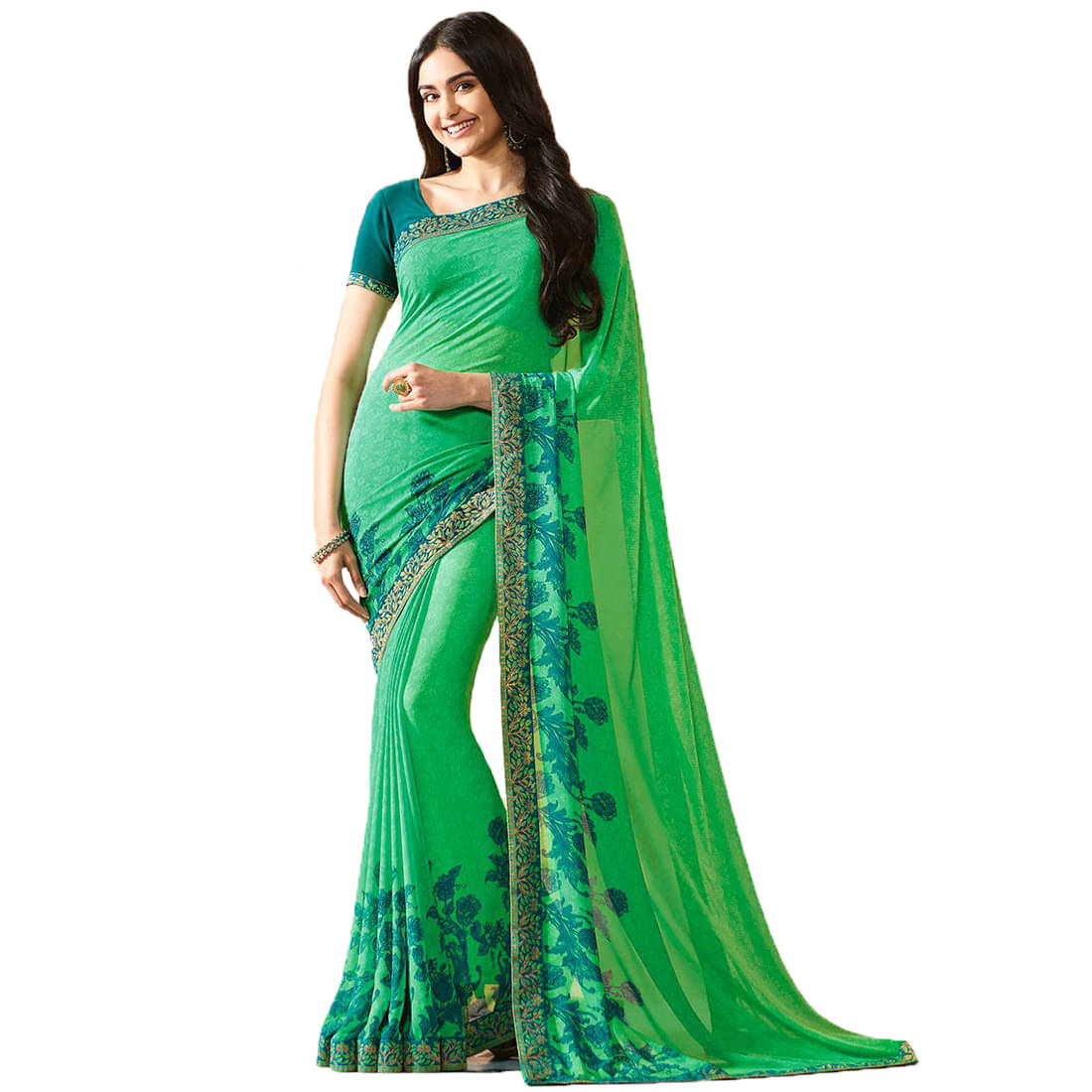 KSNDV Trendz Georgette Printed Saree With Unstitched Blouse Piece ( Green ) KSNDV Trendz Georgette Printed Saree With Unstitched Blouse Piece ( Green )