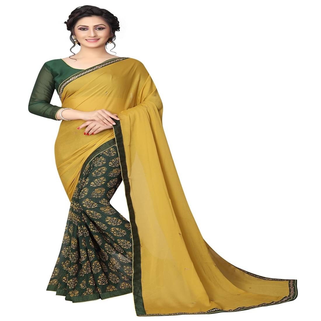     			KSNDV Trendz Georgette Printed Saree With Unstitched Blouse Piece ( Yellow )