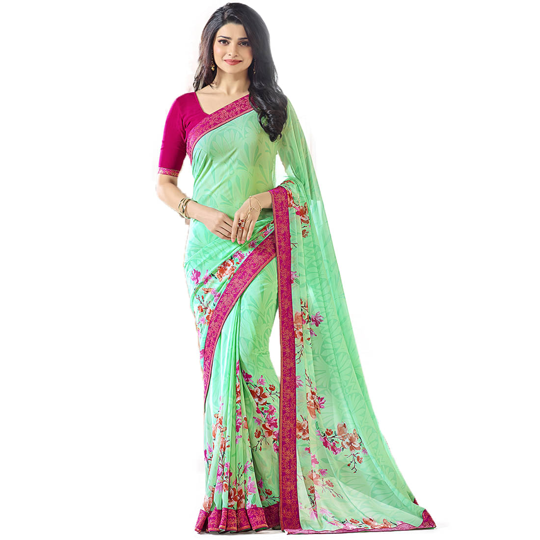     			KSNDV Trendz Georgette Printed Saree With Unstitched Blouse Piece ( Sea Green )