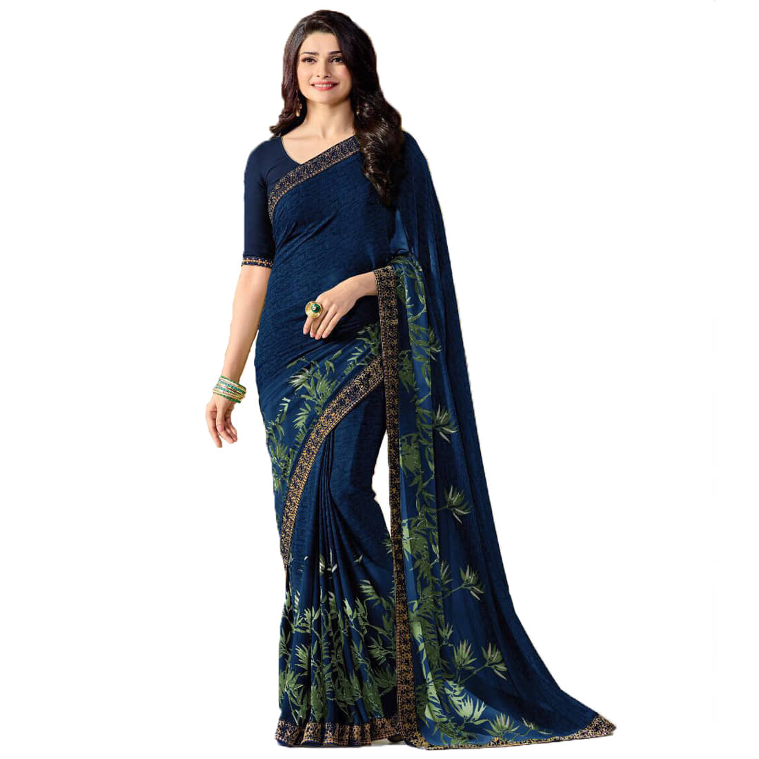 KSNDV Trendz Georgette Printed Saree With Unstitched Blouse Piece ( Navy Blue ) - Sarees | Buy online on ZillyBuy
