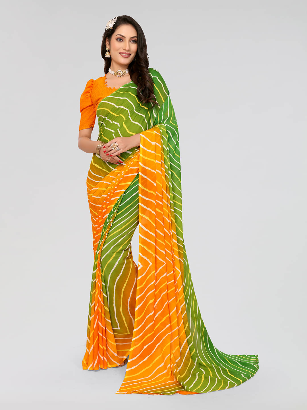 Kashvi Sarees Georgette Colorblock Saree With Unstitched Blouse Piece ( Orange ) Kashvi Sarees Georgette Colorblock Saree With Unstitched Blouse Piece ( Orange )