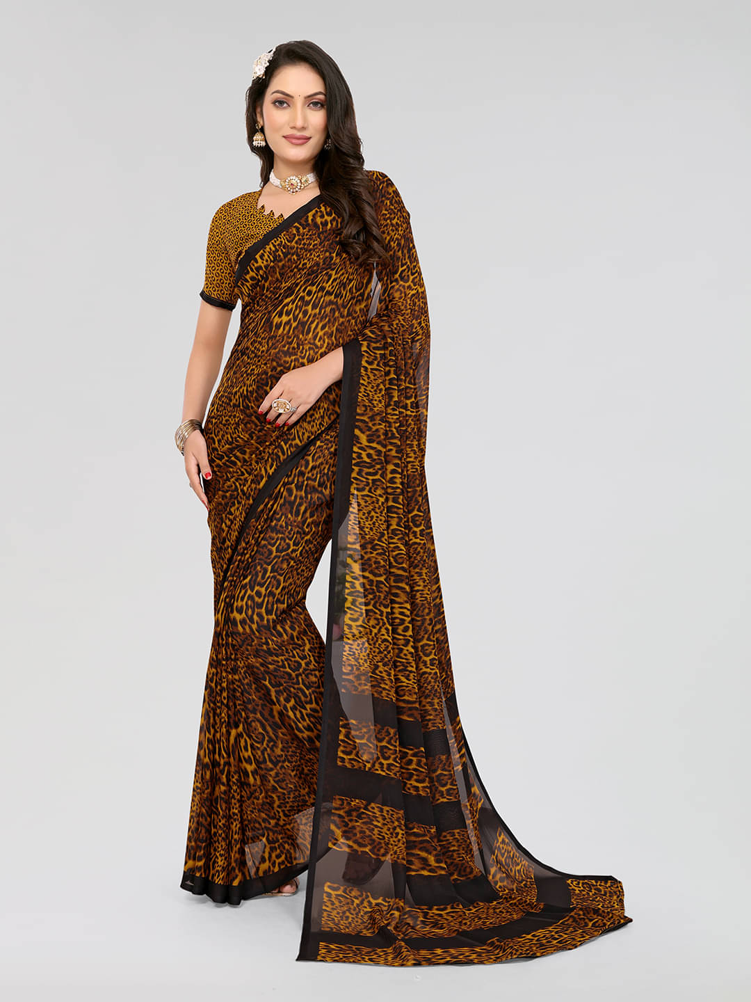 Kashvi Sarees Georgette Printed Saree With Unstitched Blouse Piece ( Brown ) Kashvi Sarees Georgette Printed Saree With Unstitched Blouse Piece ( Brown )