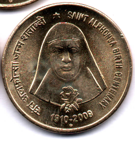 RAJACOINS- 5 / FIVE RS / RUPEE /RUPEES VERY RARE BRASS U.N.C. SAINT ALPHONSA BIRTH CENTENARY (1 PCS) COMMEMORATIVE COLLECTIBLE- U.N.C. RAJACOINS- 5 / FIVE RS / RUPEE /RUPEES VERY RARE BRASS U.N.C. SAINT ALPHONSA BIRTH CENTENARY (1 PCS) COMMEMORATIVE COLLECTIBLE- U.N.C.