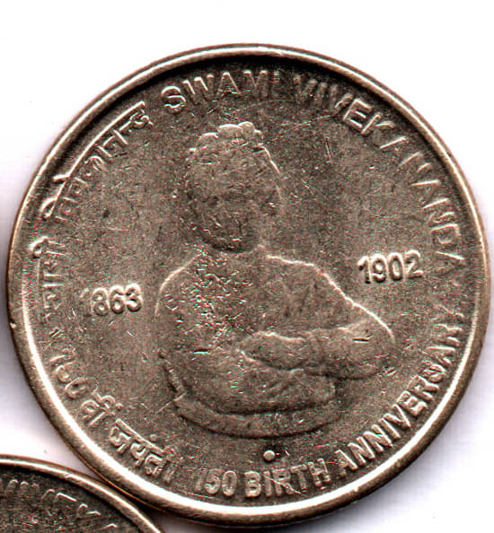     			RAJACOINS- 5 /  FIVE  RS / RUPEE /RUPEES  VERY RARE BRASS   U.N.C.  150 BIRTH ANNIVERSARY SWAMI VIVEKANANDA  (1 PCS)  COMMEMORATIVE COLLECTIBLE- U.N.C.