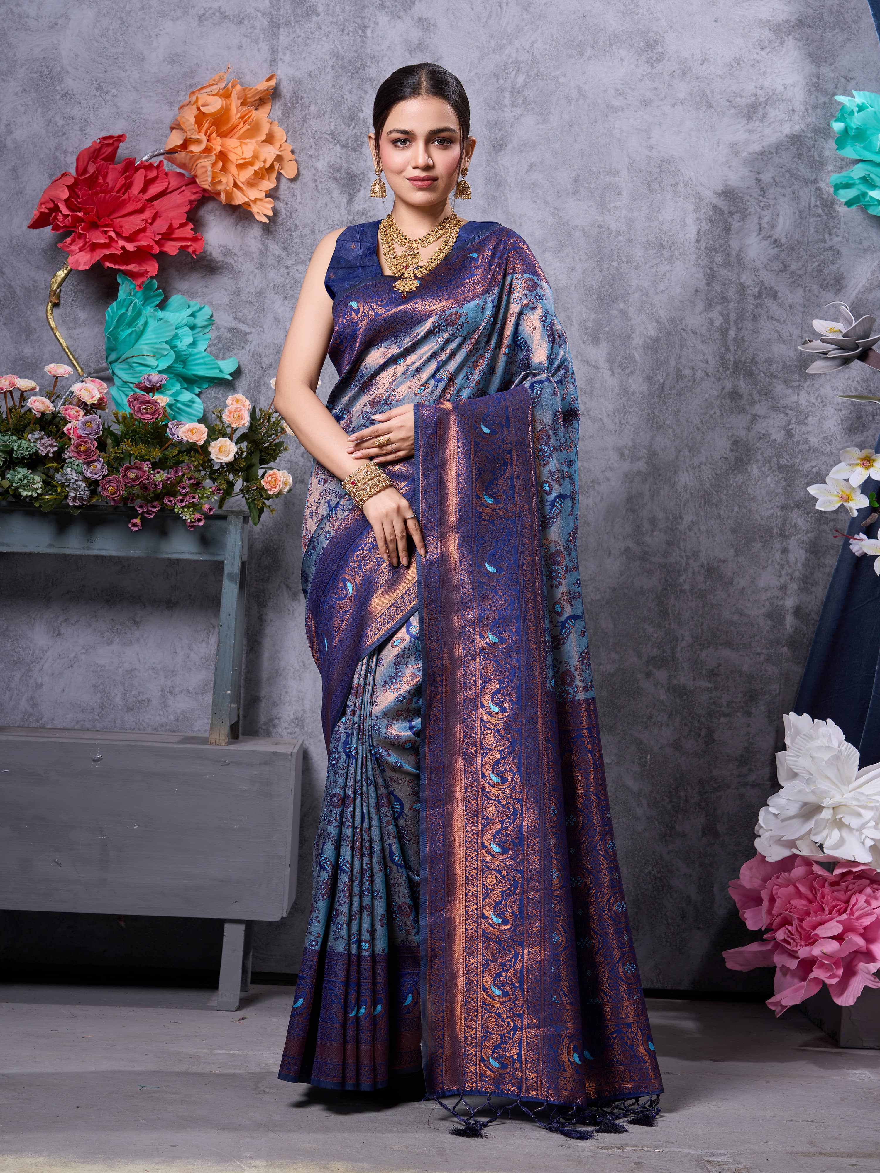 Saree Exotica Kanjivaram Silk Woven Saree With Unstitched Blouse Piece ( Blue ) - Sarees | Buy online on ZillyBuy