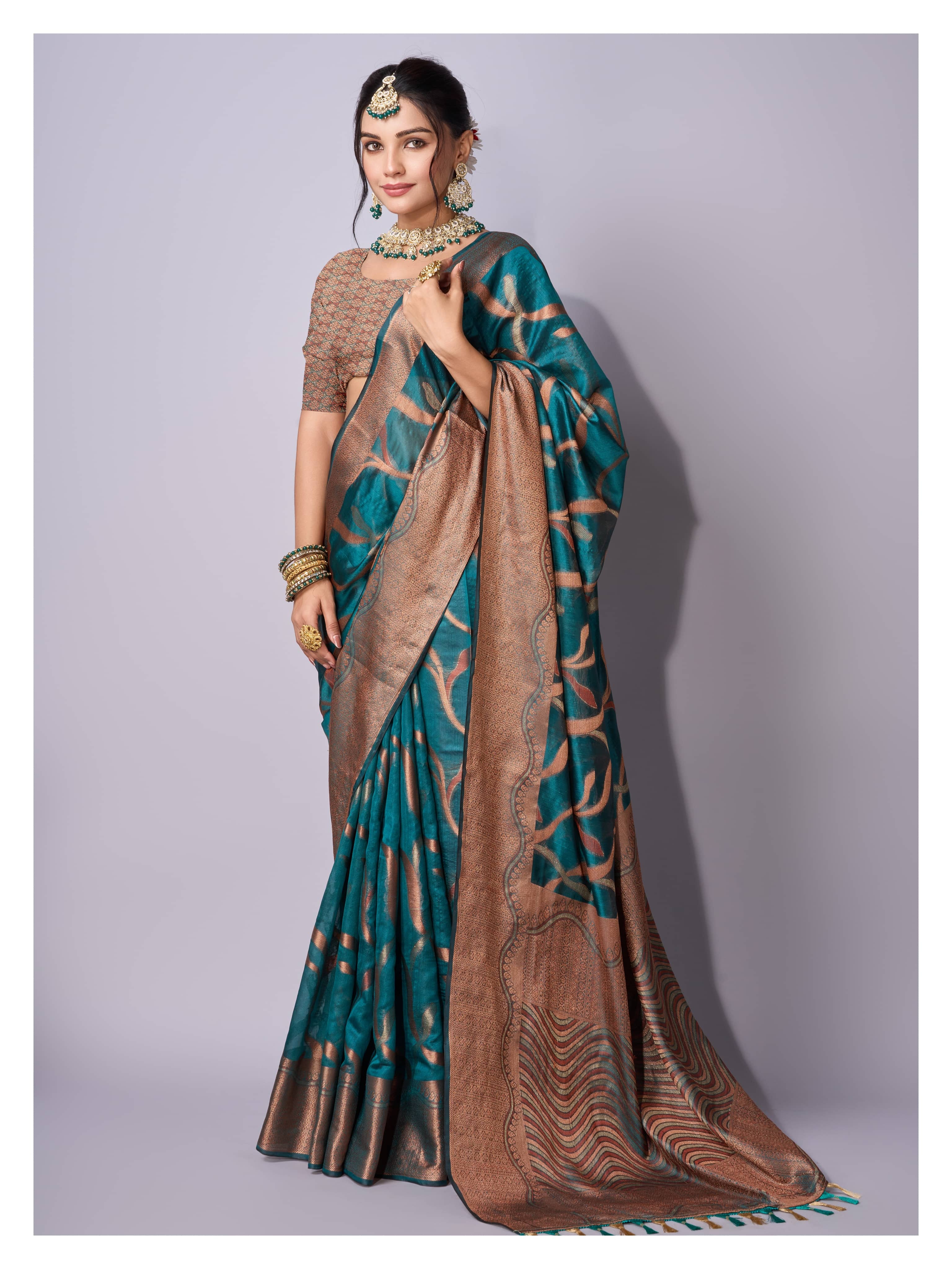 Saree Exotica Organza Embellished Saree With Unstitched Blouse Piece ( Sea Green ) - Sarees | Buy online on ZillyBuy